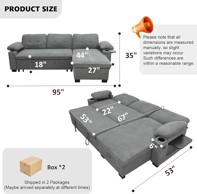 93" L Shaped Sleeper Sofa Bed, Pull Out Sectional Couch