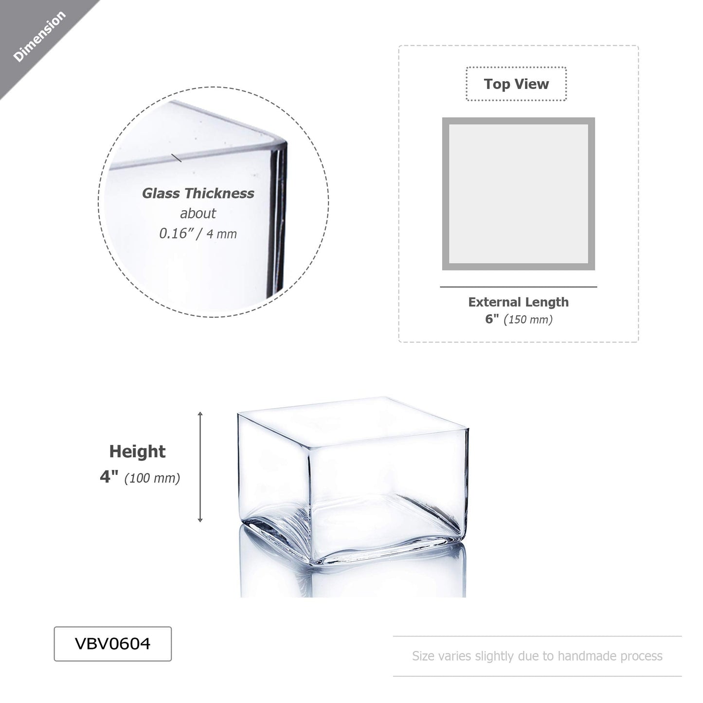 WGV Square Block Glass Vase, Length 6", Height 4", Clear Planter Terrarium, Floral Container for Wedding Party Event, Home Office Decor, 1 Piece