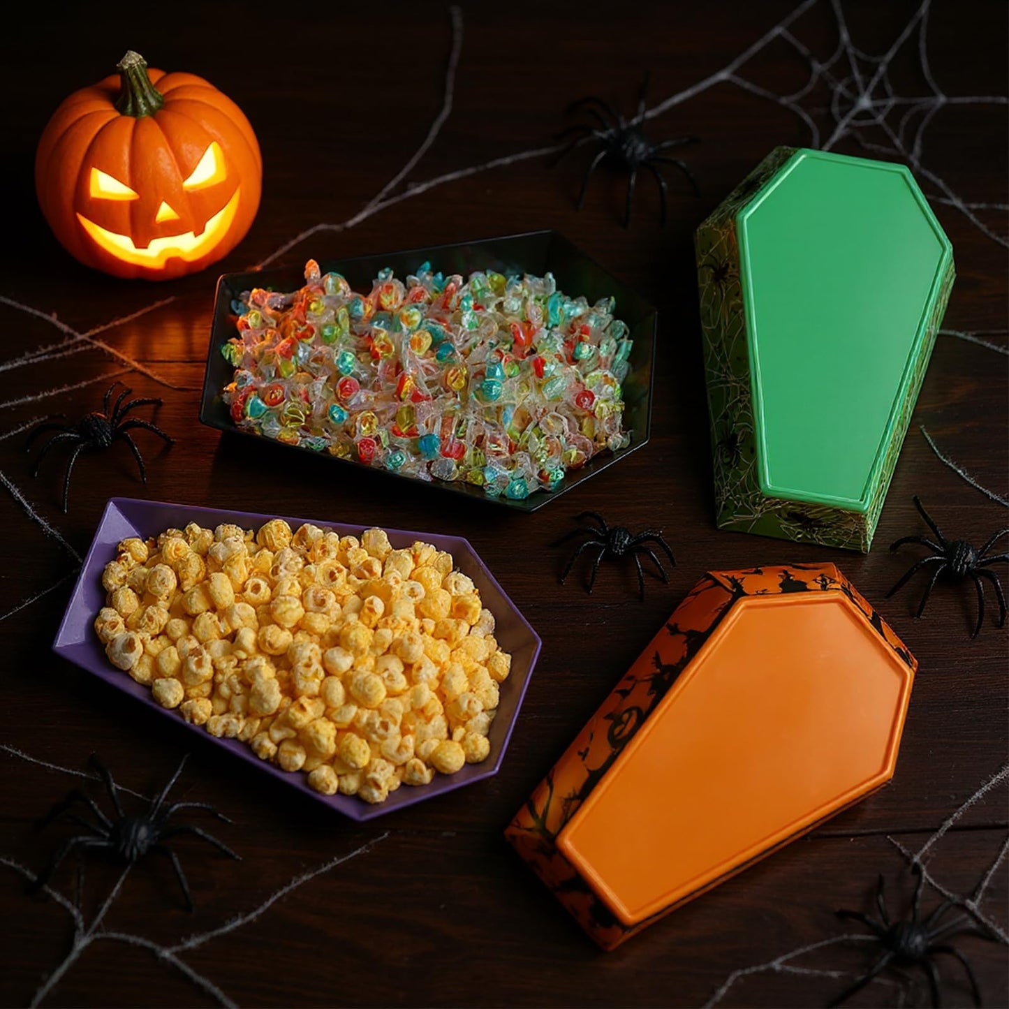 Wiwiqing 4 Pcs Halloween Candy Bowls Plastic Coffin Shaped Serving Tray Spooky Halloween Trick or Treat Candy Platter Dish for Birthday Party Food Storage Charcuterie Board Serving Supplies