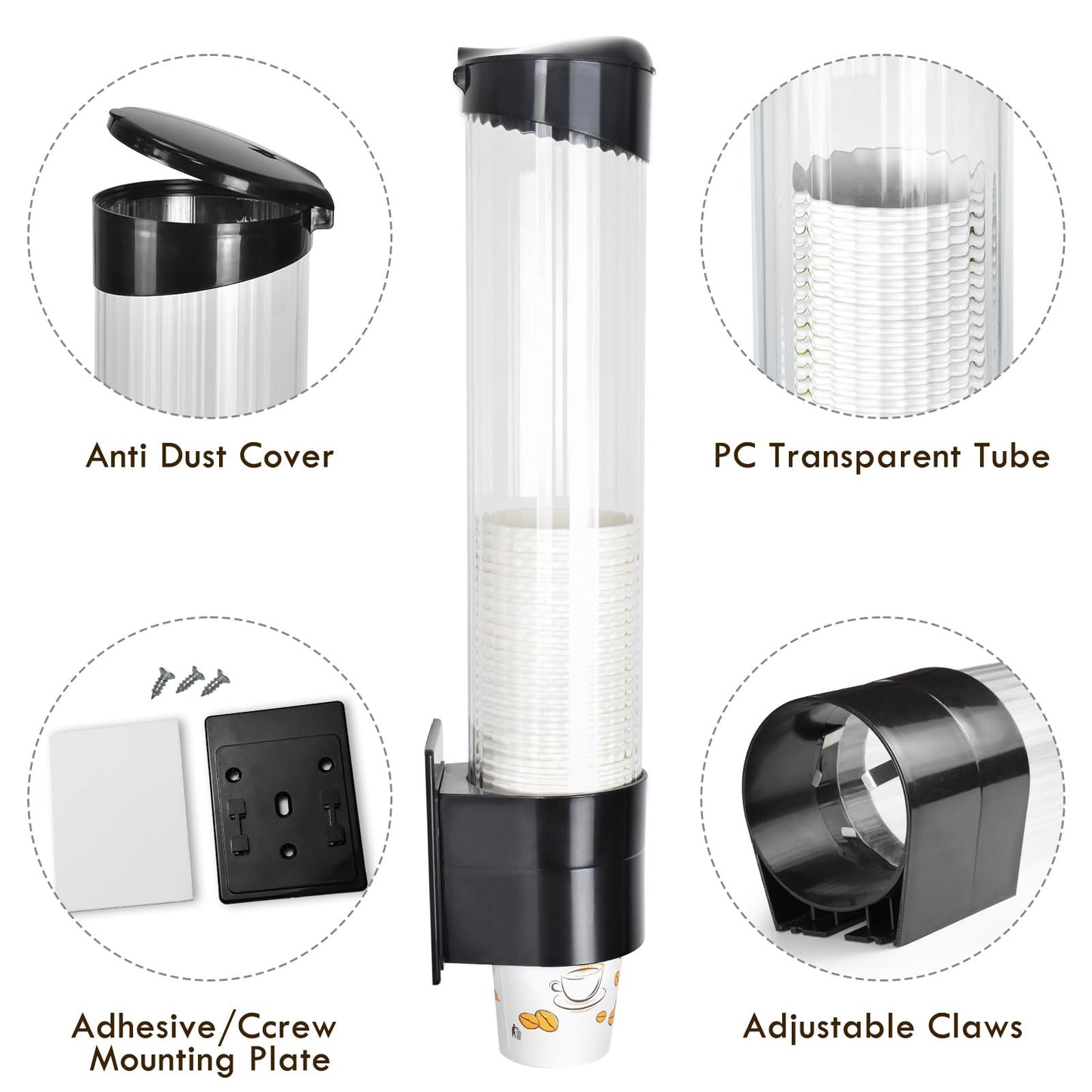 LBTING Cup Dispenser, Water Cooler Pull Type Cup Holder Fits 7oz - 12oz Cone or Flat Bottom Cups, Paste or Screw Plate Wall Mount, 16.9" Tube Length Black