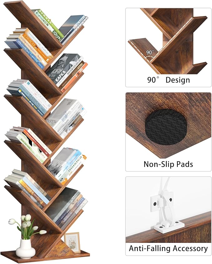 SHEEPAM 10 Tier Tree Book Shelf, Floor Standing Wood Bookshelf