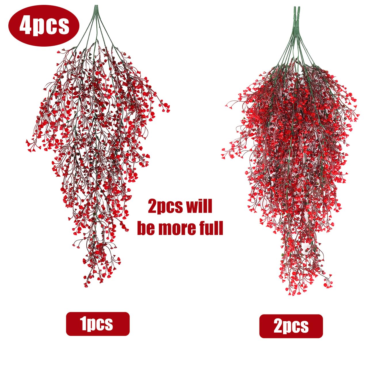 RECUTMS Artificial Hanging Fern Lighted with 30 LED Fake Hanging Ivy Vines Plastic Faux Greenery Plants for Home Wall Bedroom Garden Wedding Outside Decor Pack of 4 (Red)