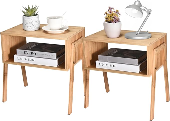 Vdomus Bamboo Stackable Nightstand Set of 2- Natural Wood Matching Side Table