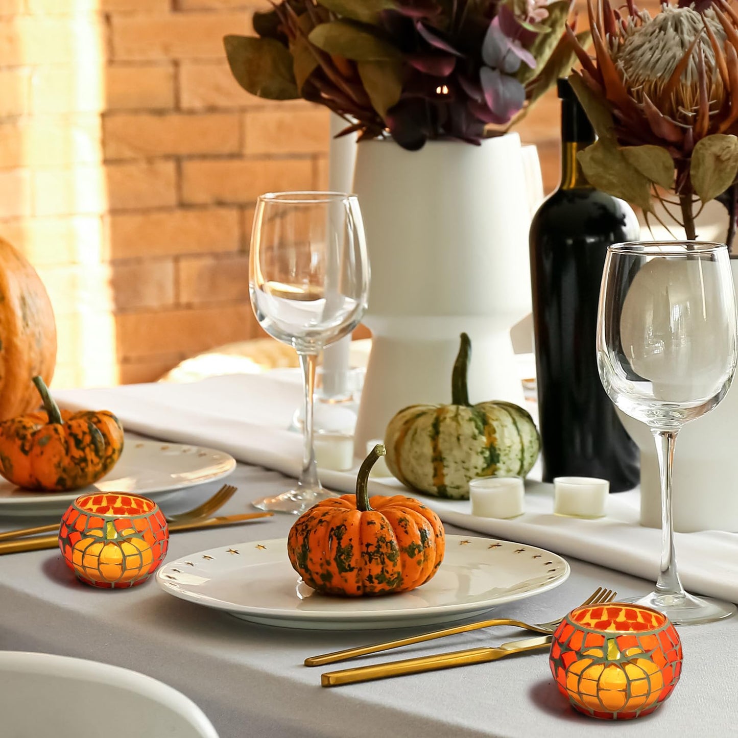 4 PCS Pumpkin Candle Holders, Fall Table Centerpiece Decorations, 100% Mosaic Glass Votive Tealight Candle Holders for Thanksgiving Halloween Indoor Outdoor Decor