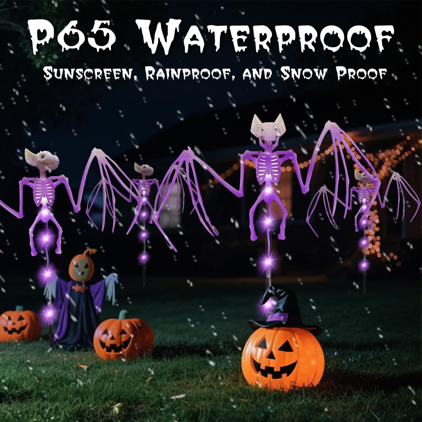 Solar Halloween Decorations Outdoor - 2 Pack 3D Scary Bat & Skeleton Lights, Waterproof LED Solar Garden Lights for Pathway, Lawn, Yard, Patio - Spooky Purple Lighting for Outdoor Holiday Decor