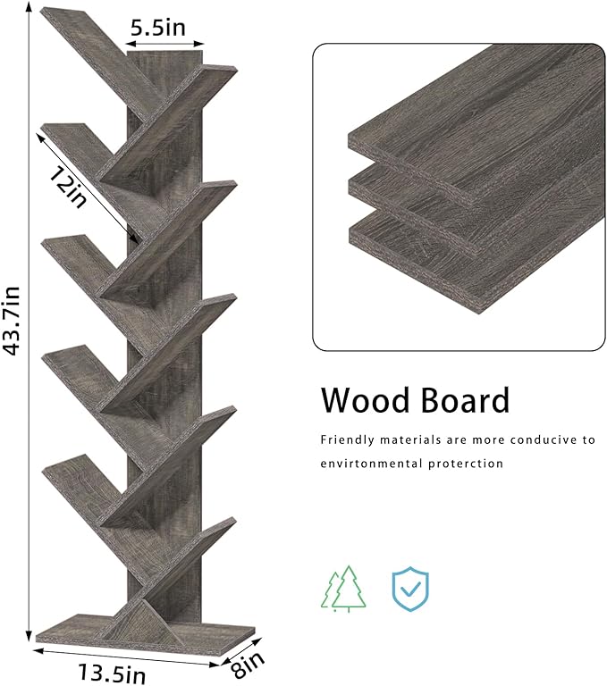 SHEEPAM 10 Tier Tree Book Shelf, Floor Standing Wood Bookshelf