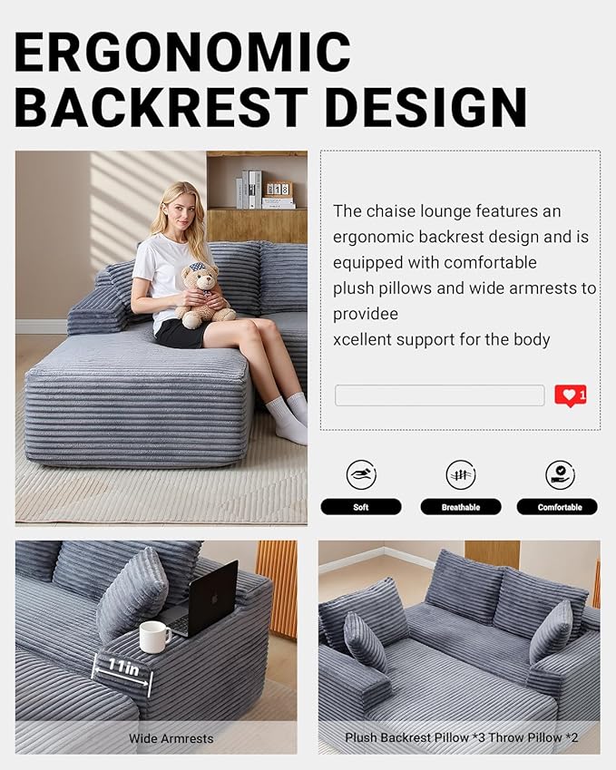 108 Inch Cloud Sectional Couch, Modern Modular Sectional Sofa
