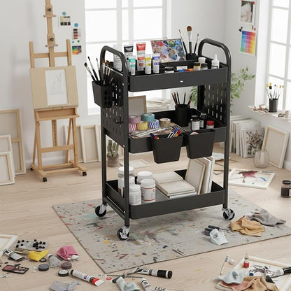 danpinera Craft Cart, Black Rolling Cart with Retractable Dividers & DIY Pegboards for Kitchen, Bedroom, Laundry