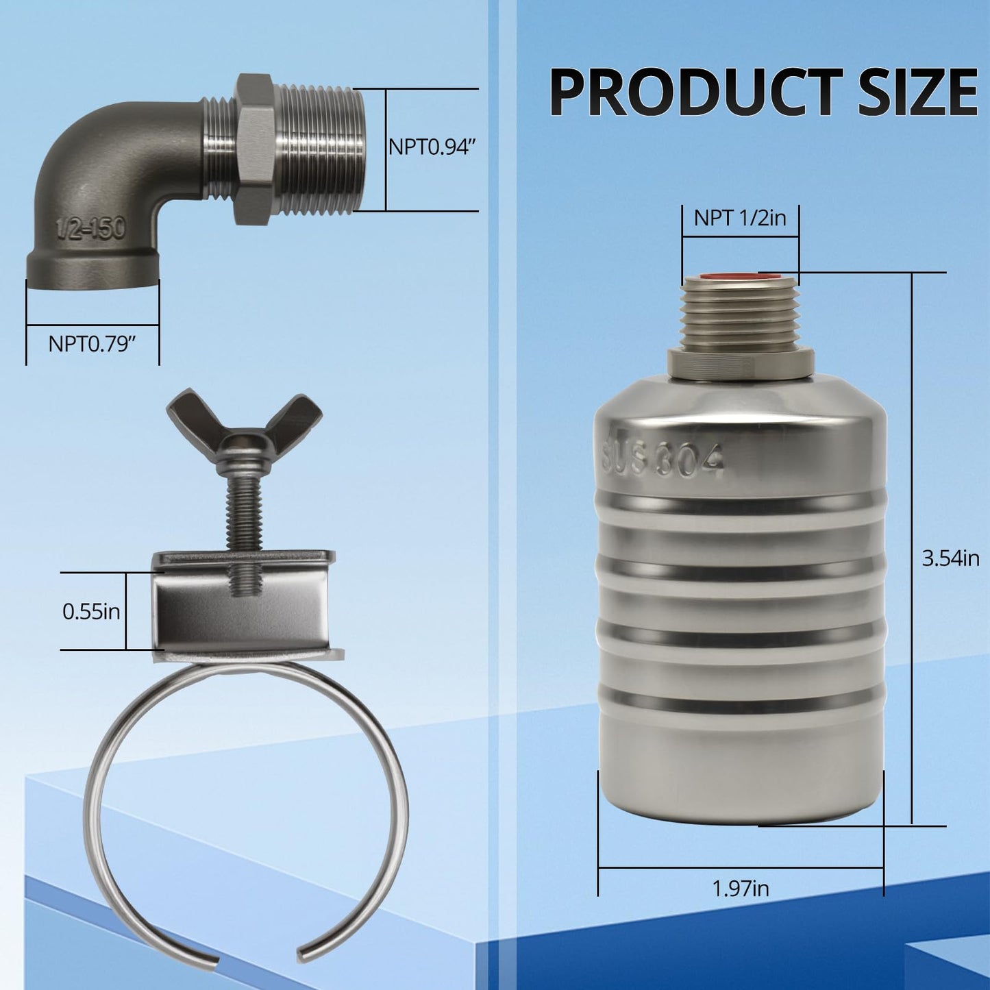 HXH 1 Pack NPT Water Float Valve Kit, 1/2" to 3/4'' Auto Shut off Water Level Control Float Valve, 304 Stainless Steel Fully Automatic water shut off valve for Pool, Livestock Troughs.