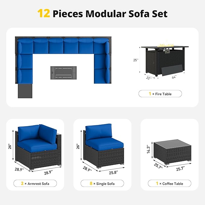Aoxun Patio Furniture Set with Fire Pit Table, 12 Piece Outdoor Sectional Sofas