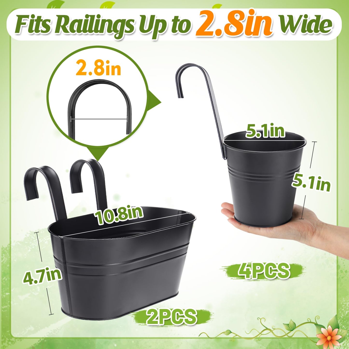 MADHOLLY 6Pcs Railing Planter with Drainage - 10.8" & 5.1" Bucket Pots for Balcony Railing, Metal Iron Hanging Flower Pots for Herb Planter Outdoor Deck & Rail Decor with Hook, Black