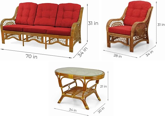 Malibu Lounge Set of 4: 2 Natural Rattan Wicker Chairs, Three-Seater Sofa