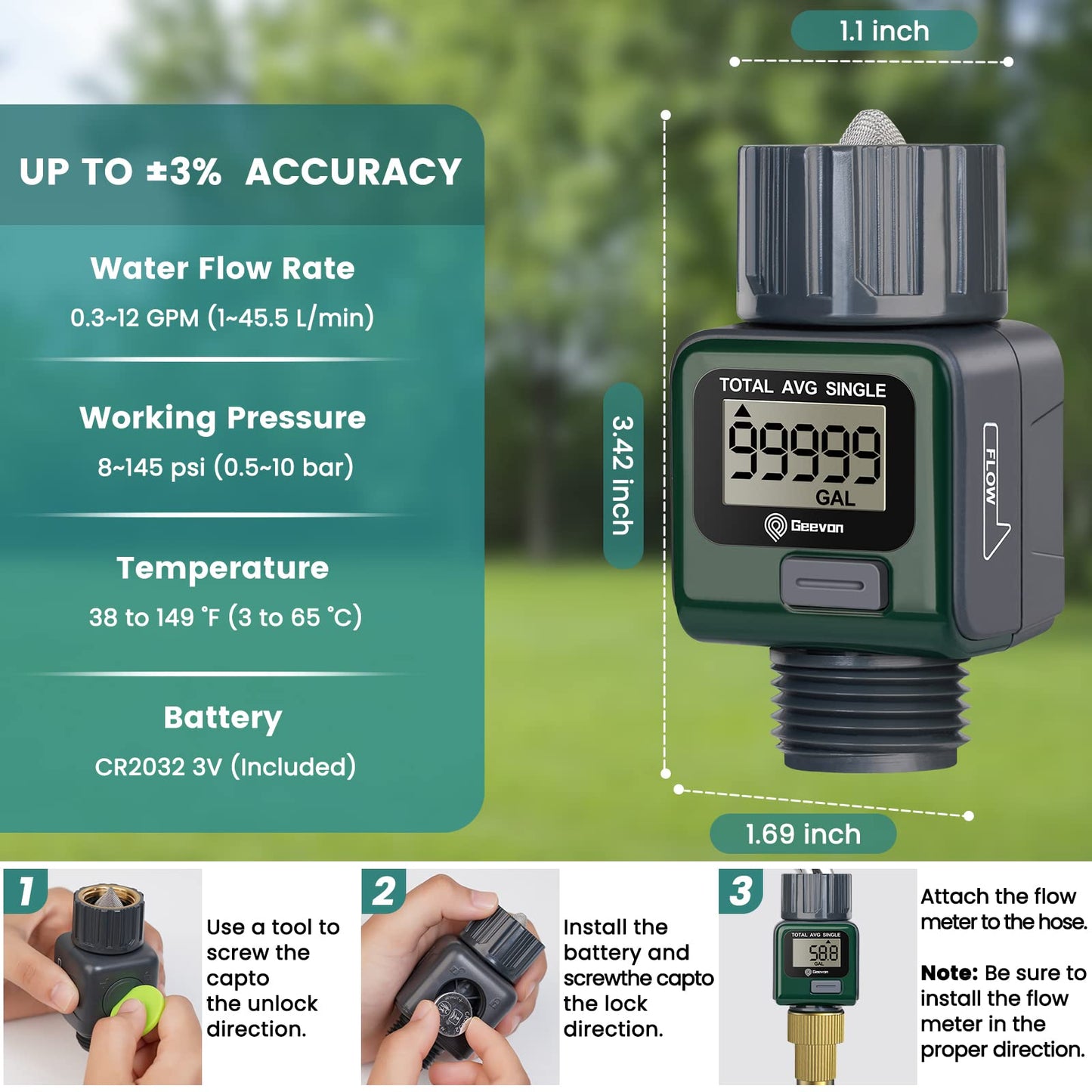Geevon Garden Hose Water Flow Meter with Brass Inlet Metal Thread, High Accuracy & IPX6 Waterproof for Outdoor Garden Watering, RV Water Tank Filling, Lawn Sprinkler, and Nozzle Sprayer (1 Pack)