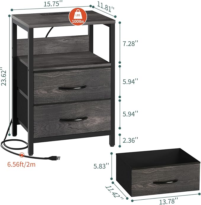 Yoobure Nightstand with Charging Station, LED Night Stand with Fabric Drawers