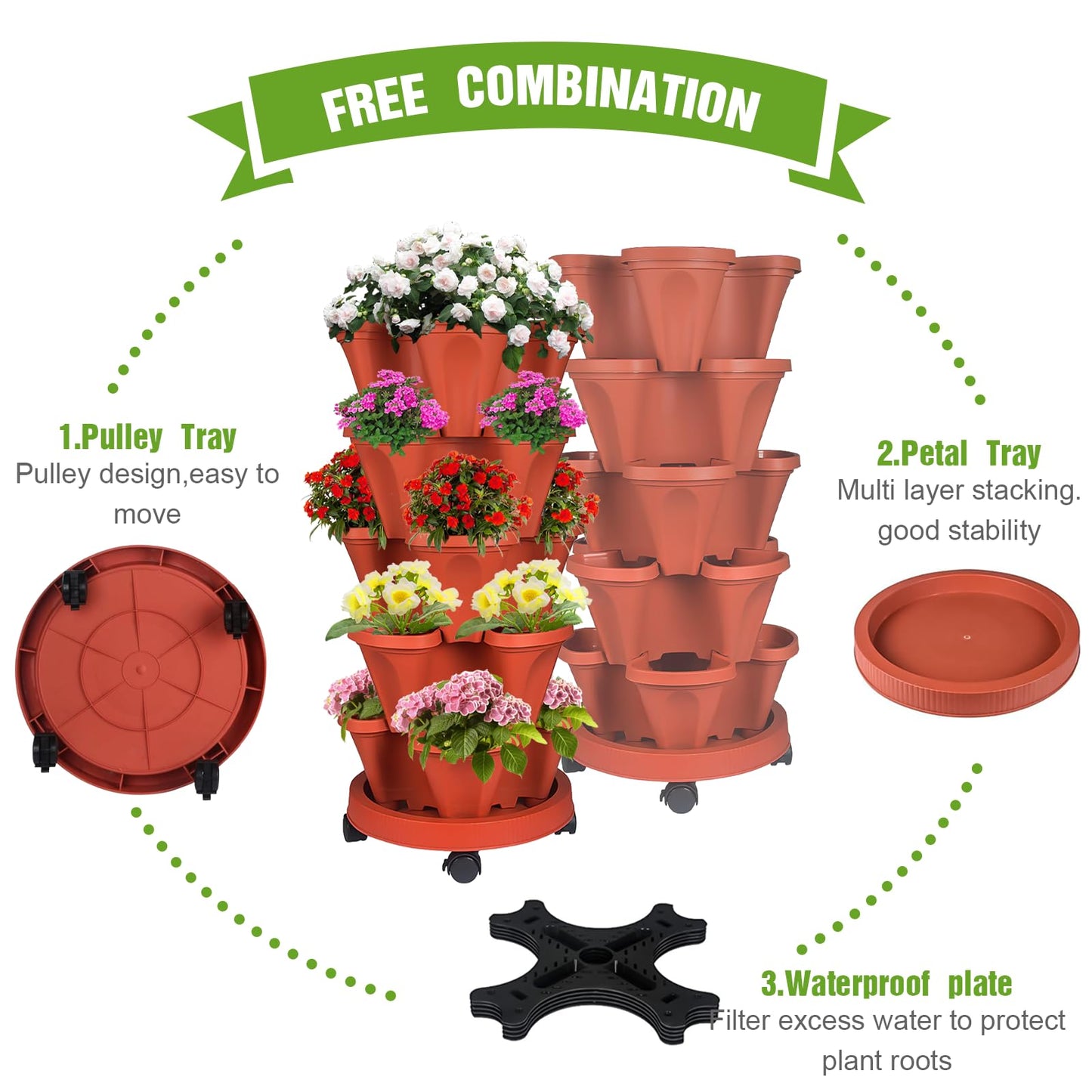 Bociks Vertical Strawberry Planter 5 Tier Stackable Tower Herb Planters Stacking Outdoor Garden Planters Pot With Tools Mover For Growing Flowers, Vegetables and Succulents