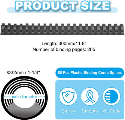 PATIKIL 32mm (1-1/4") Plastic Binding Combs, 50 Pcs 21 Rings Comb Binding Spines 265 Sheet Capacity Letter Size for Binding Paper Sheets Notebook Calendar Picture Album, Black
