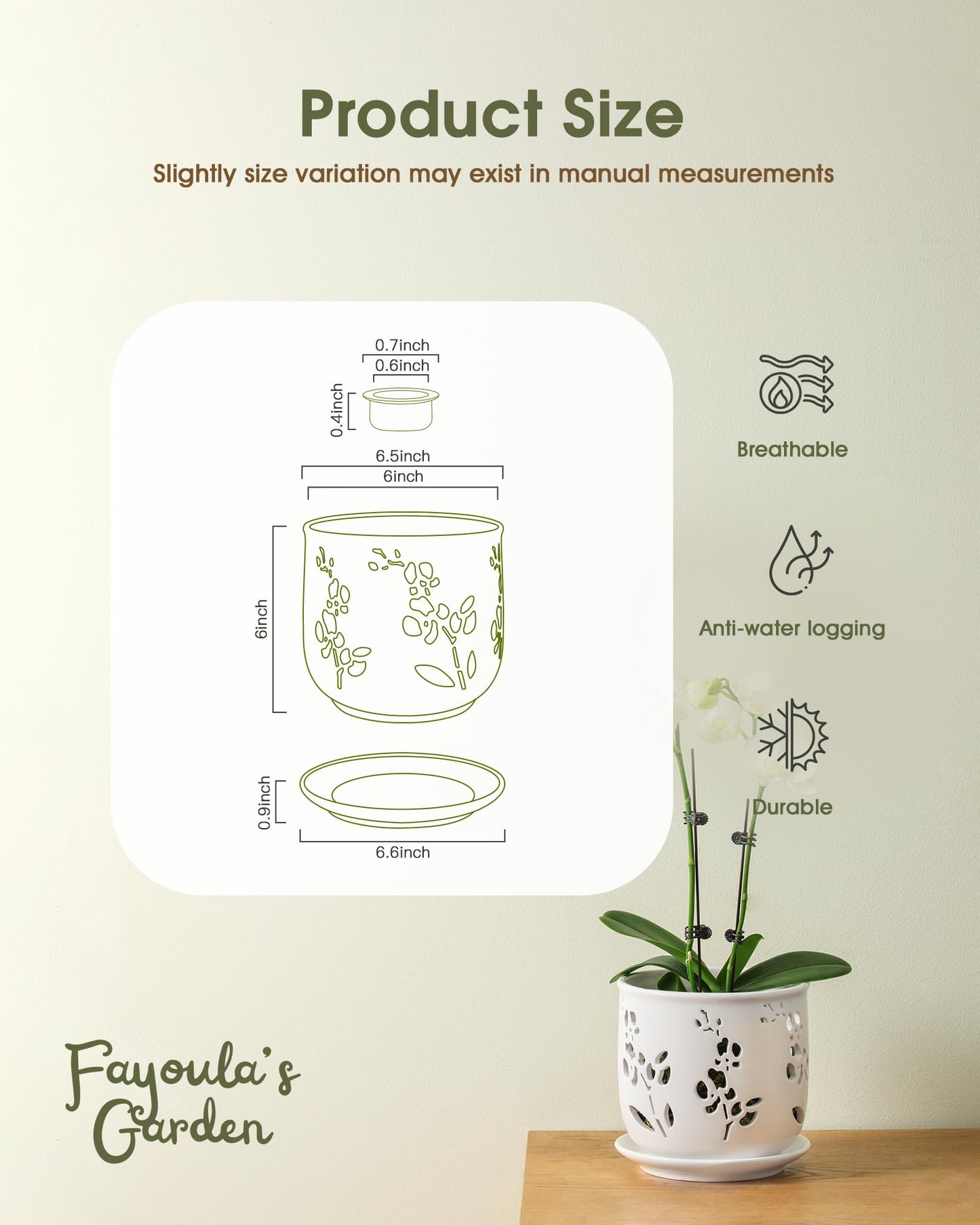 Fayoula Orchid Pots 6.5 Inch Large with Drainage Holes Ensuring Healthy Growth & Easy Repotting, Premium Ceramic for Indoor and Outdoor, Perfect Home Thriving Orchids。