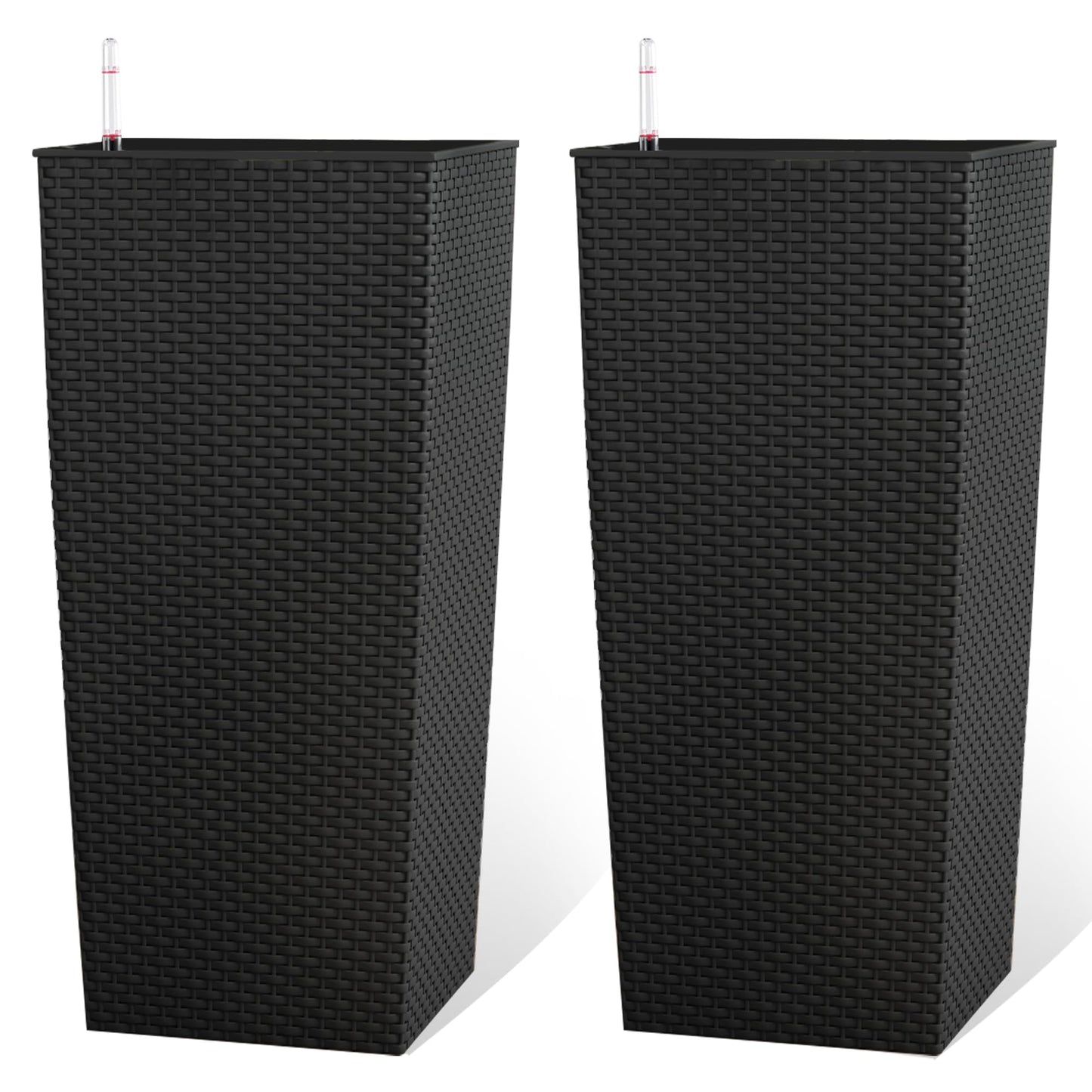 Vigo huseeo 23in Tall Planter Set of 2, Large Self Watering Pots for Indoor/Outdoor Plants with Drain Holes, Water Level Monitor, Inner Bucket for Front Porch Patio, Black Rattan