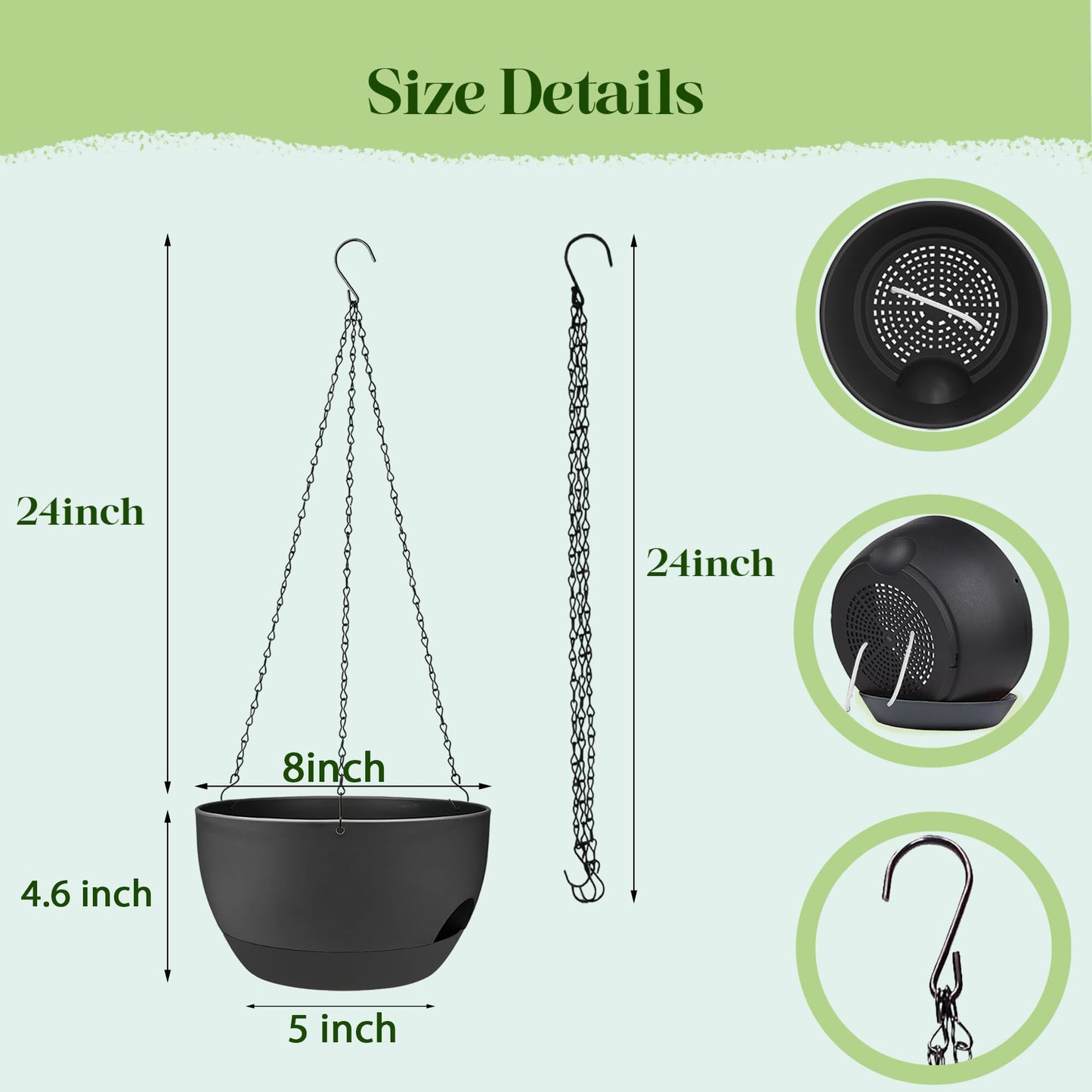 zople Set of 4-8 Inch Self Watering Hanging Planters for Indoor Outdoor，Hanging Plant Pots with Drainage & Removable Tray, Hanging Pots Holder for Ivy, Pothos, Ferns, Balcony & Patio, Black