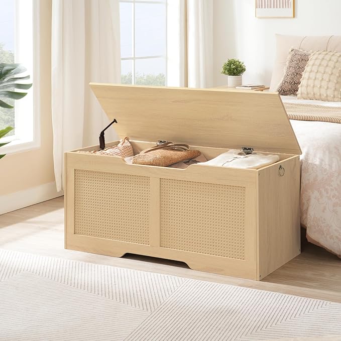 HOOBRO Storage Bench, 43.3" Toy Box, Rattan-Like Storage Chest, Sturdy Entryway