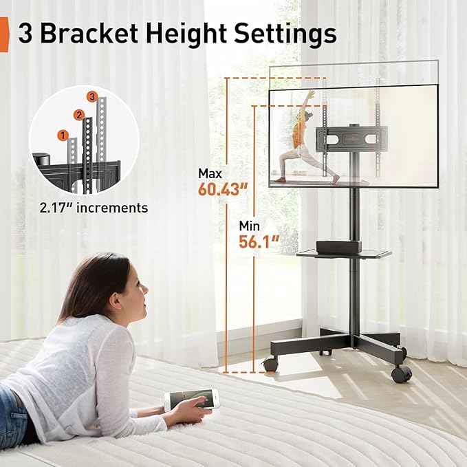 Perlegear Rolling TV Stand for 23-60 Inch LED Flat Screen/Curved TVs up to 88lbs
