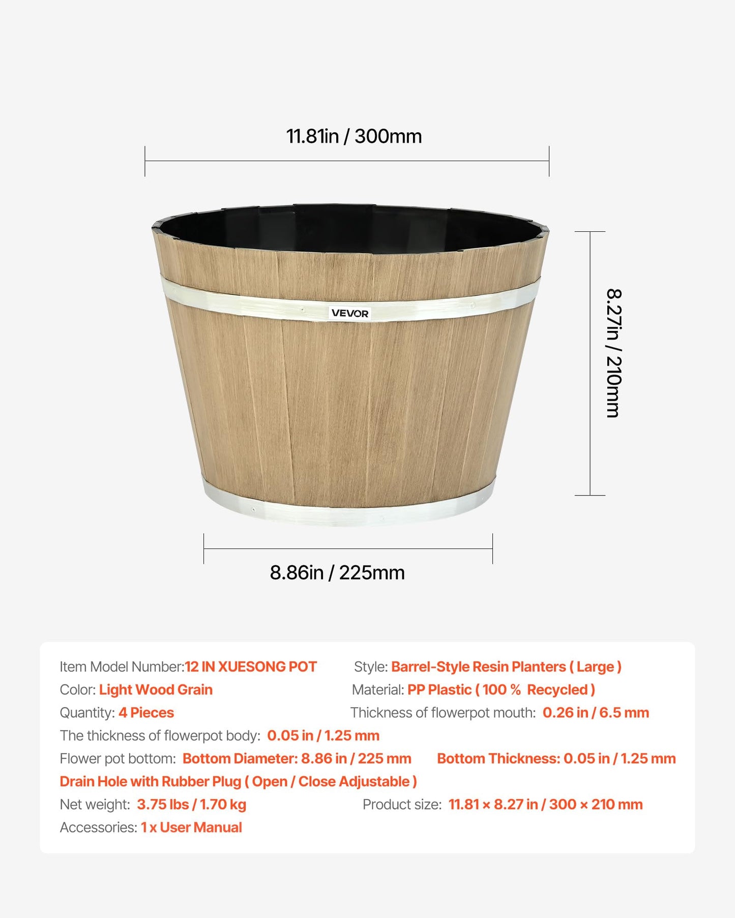 VEVOR Plant Pots, 4 Pack 11.81 inch Whiskey Barrel Planters with Drainage Holes, Large Outside Plastic Decoration Flower Pot Imitation Wine Barrel Design for Indoor Outdoor Garden Home Plants, Brown