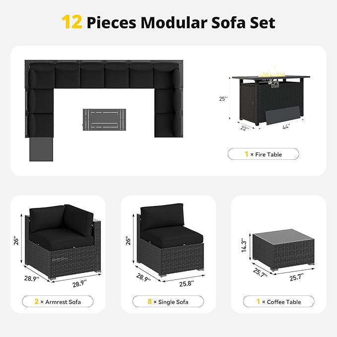 Aoxun Patio Furniture Set with Fire Pit Table, 12 Piece Outdoor Sectional Sofas