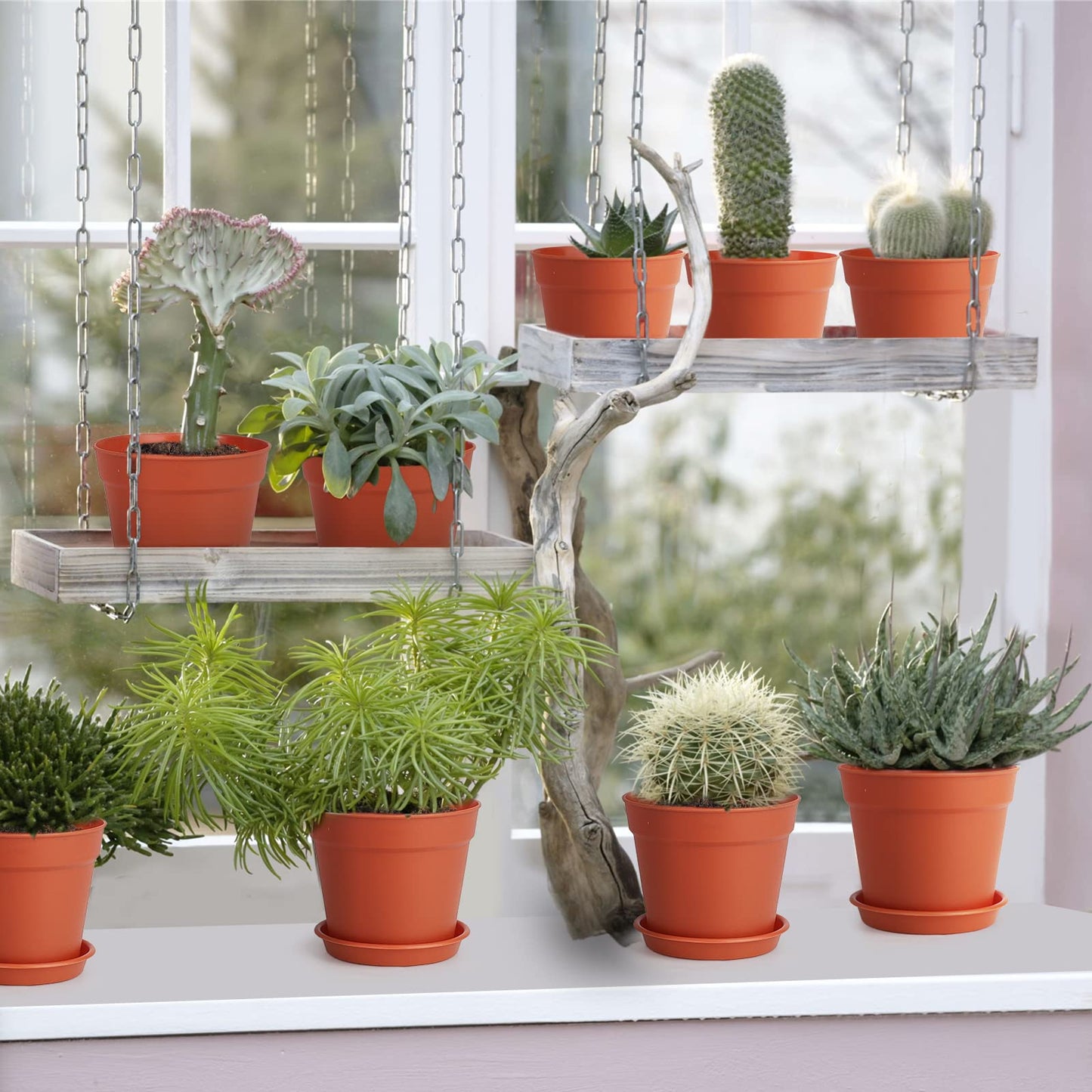 SwinDuck 4 inch Small Plant Pots, 28 Pack Plastic Planters with Drainage Holes and Saucers for Flowers Plants, Succulents, Seed Starting Pots, Terracotta
