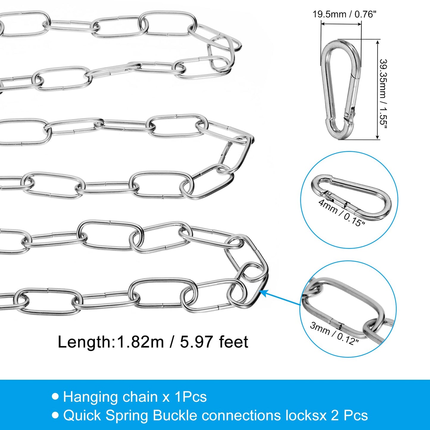 PATIKIL 6 Feet Silver Finish Lighting Hanging Chain, Metal Looping Chain for Hanging Plant Pendant Chandelier Light Fixture