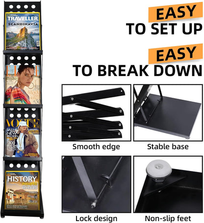 4 Pocket Folding Metal Black Literature Rack with Case Brochure Stand for Trade Show Exhibition Office Retail