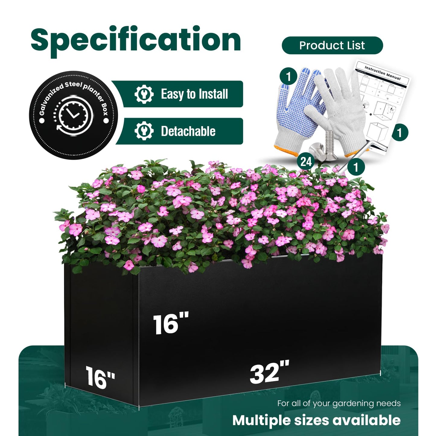 Galvanized Steel Metal Planter Rectangular Indoor 32" L x 16" W x 16" H Black Planter Box Rectangule Planter Large Outdoor Planters Steel Commercial Residential for Plants, Yard, Patio, Garden