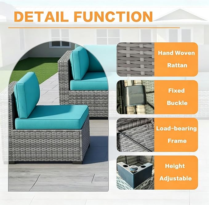 MOCHITO 7 Pieces Outdoor Patio Furniture Sets, All-Weather Sectional Sofa Grey