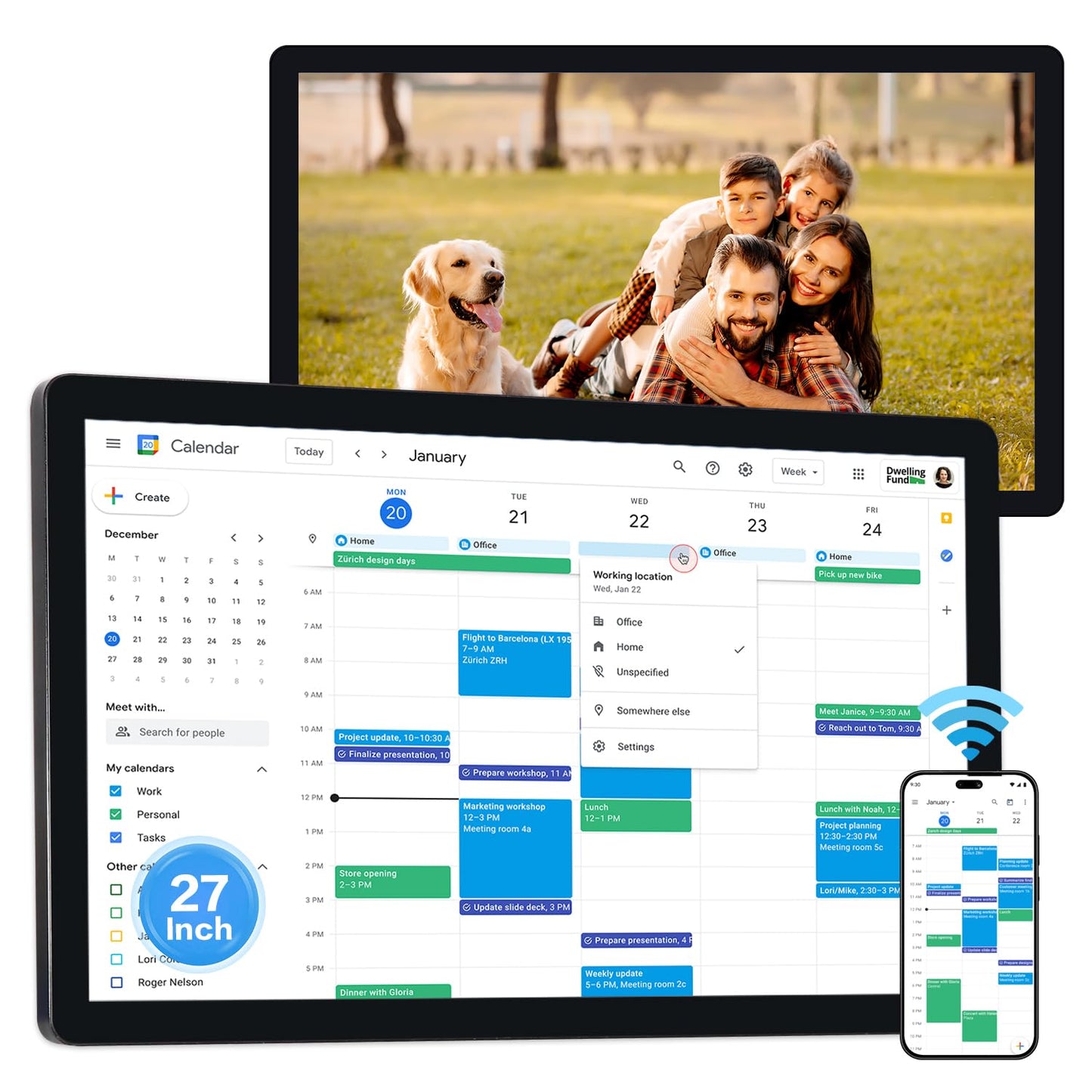 TouchWo 27 inches Touchscreen Digital Calendar & Wall Planners, Smart Whiteboard Calendar for Chore Chart & Work Schedule, Built in Speakers and Camera, Include Wall Mount & Desk Stand