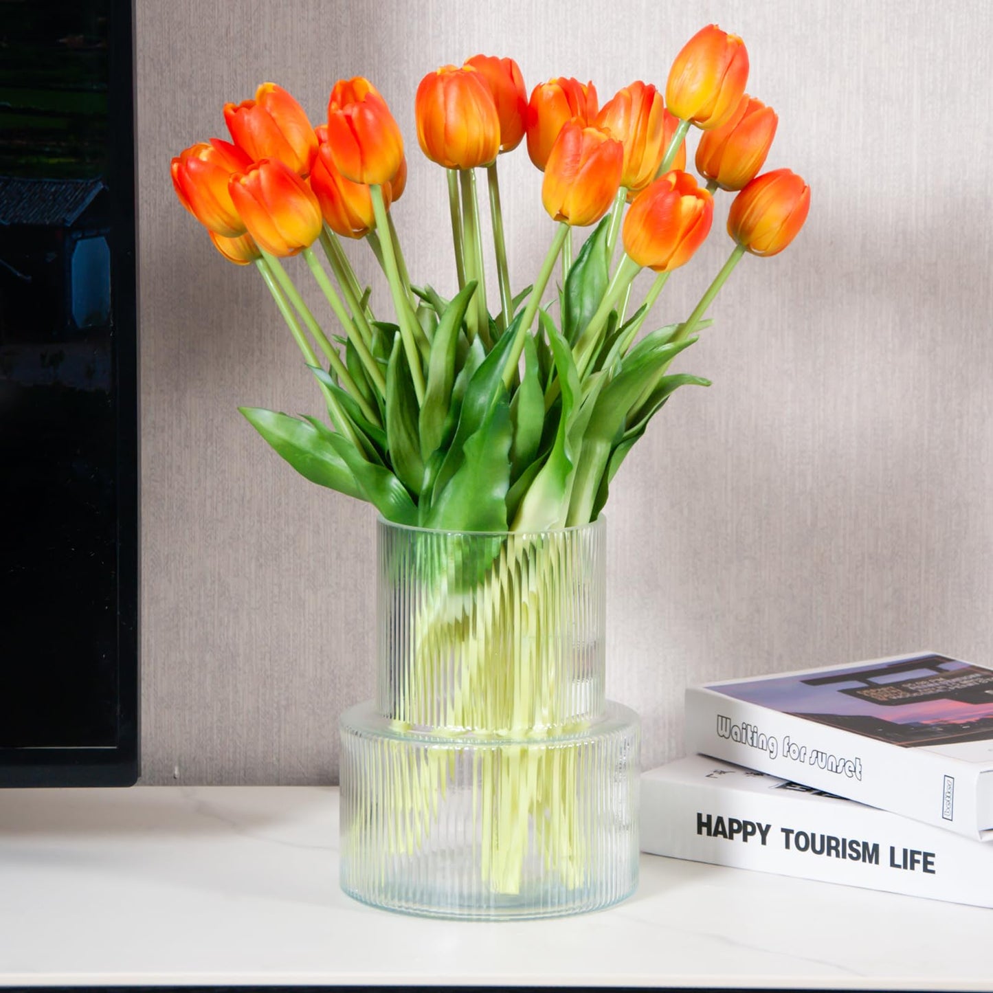 20 Pcs Real Touch Artificial Tulips with Vase, Large Faux Flower Arrangement in Heavy Fluted Glass, Bouquet for Dining Table Centerpiece, Home Office, Spring Decor, Set with Dust Bag (Orange)