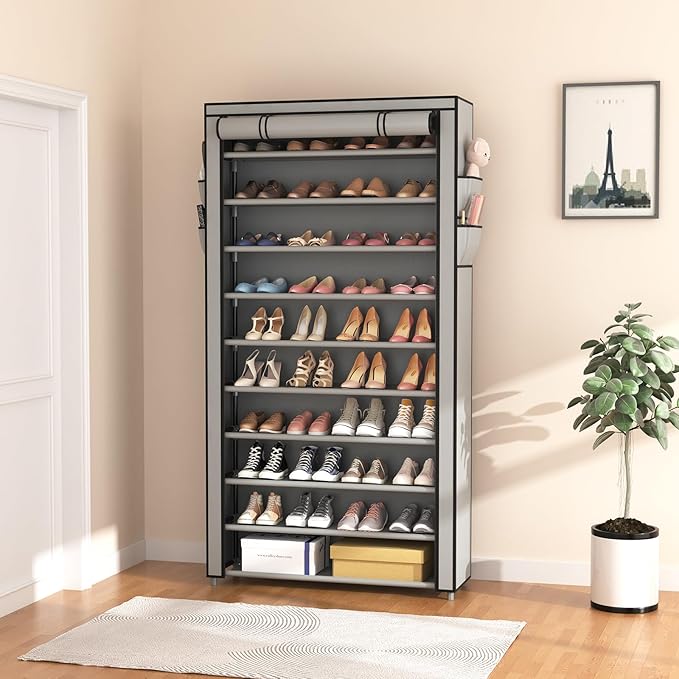 ROJASOP Shoe Rack with Covers, Stackable 10 Tier Tall Shoe Shelf Storage 50-55