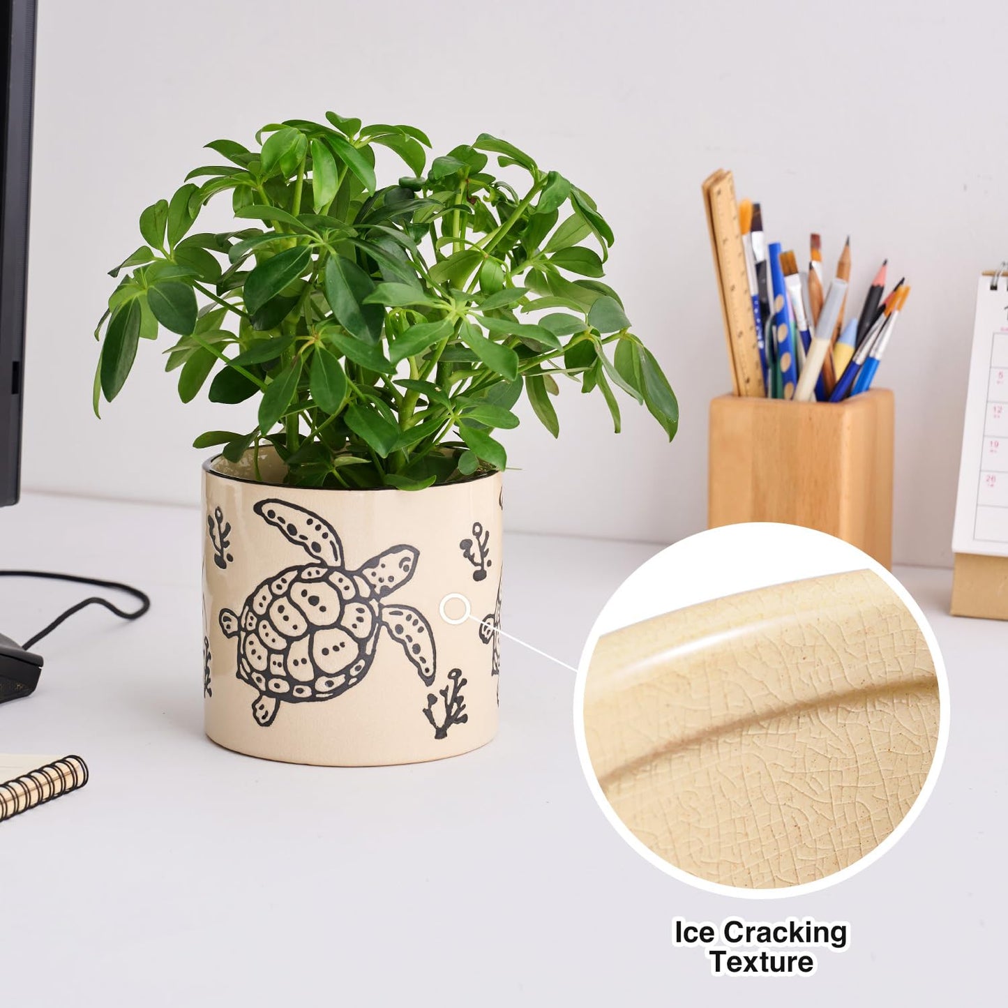 5 Inch Ceramic Plant Pots with Drainage Holes, Small Round Flower Pots for Indoor Plant, Unique Animal Flower Planters (Sea Turtle)
