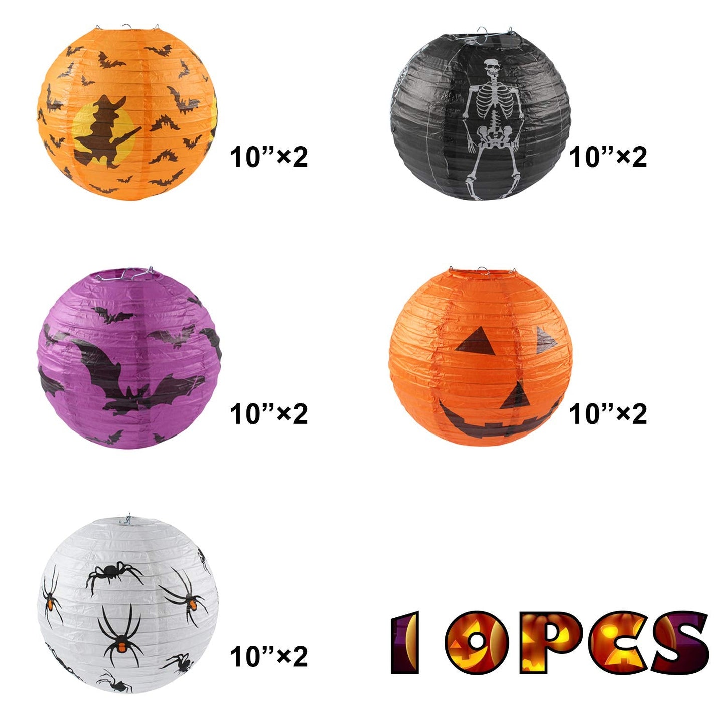 10PCS Halloween Paper Lanterns, Hanging Jack-O'-Lantern Spider Skeleton Pumpkin for Halloween Party Decor, Indoor & Outdoor Spooky Home Decor - 10 Inches