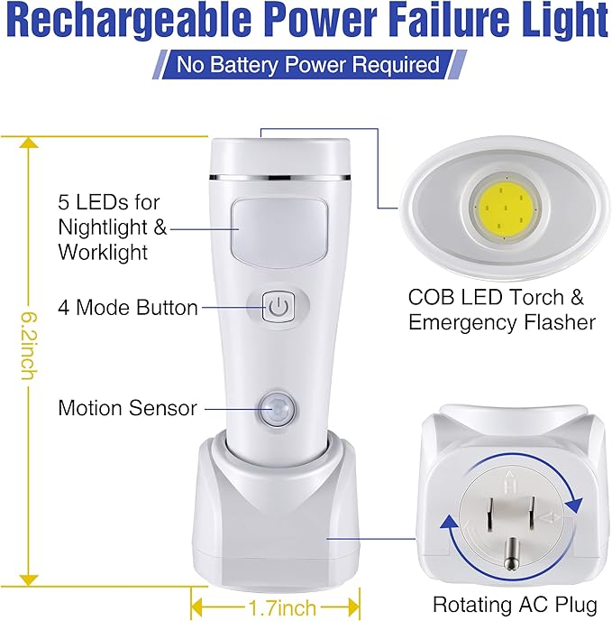 Enhon 2 Pack 4 in 1 LED Emergency Lights for Home Power Failure, Rechargeable Plug in Flashlight Motion Sensor Night Light, Automatic Turn On Power Outage Light for Home Hurricane Supplies (White)