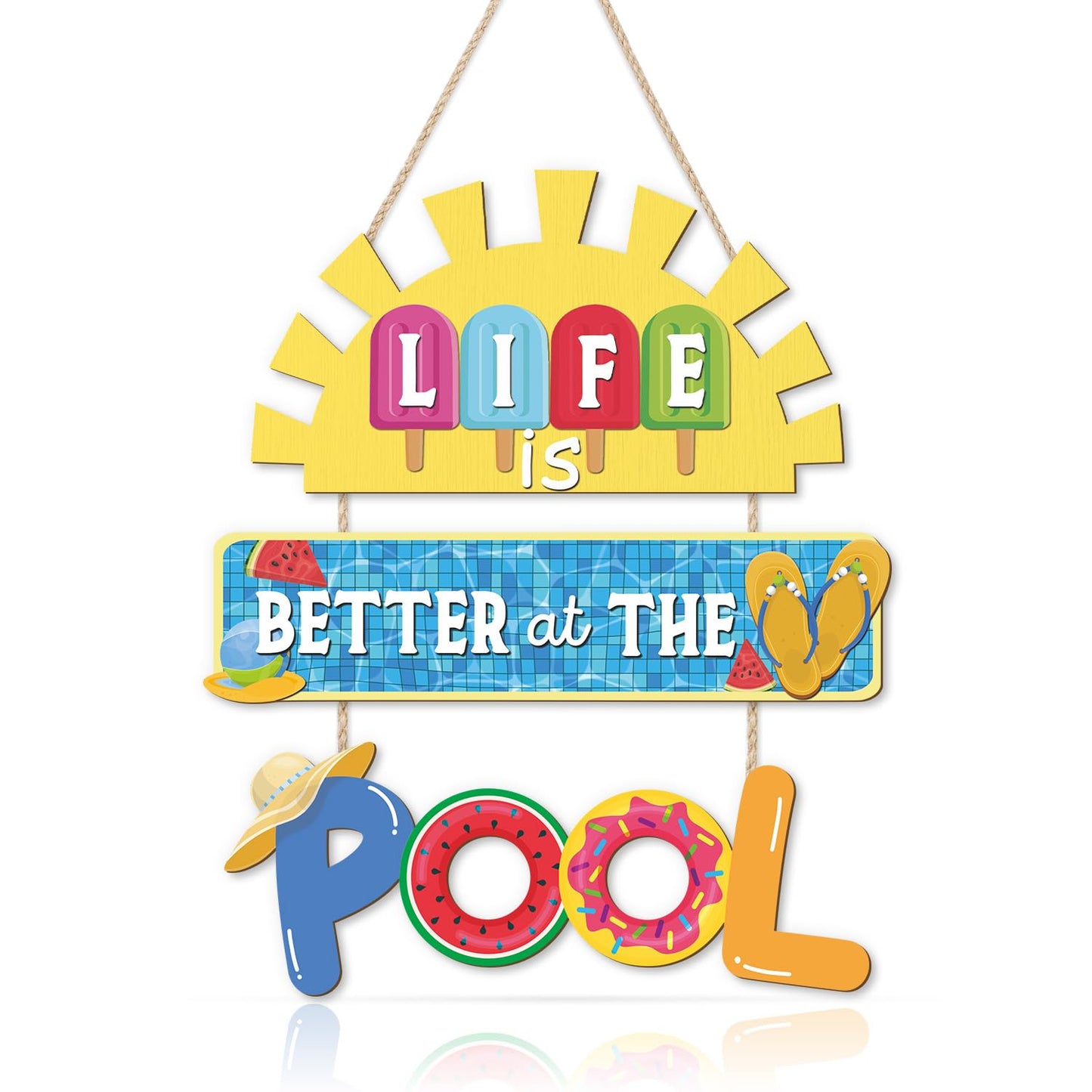 HOURIA Life is Better at The Pool Wood Hanging Sign,11.8 * 13.9 Inch Summer Sunshine Popsicle Swimming Pool Decor,Funny Pool Decorations for Outdoor Beach Party