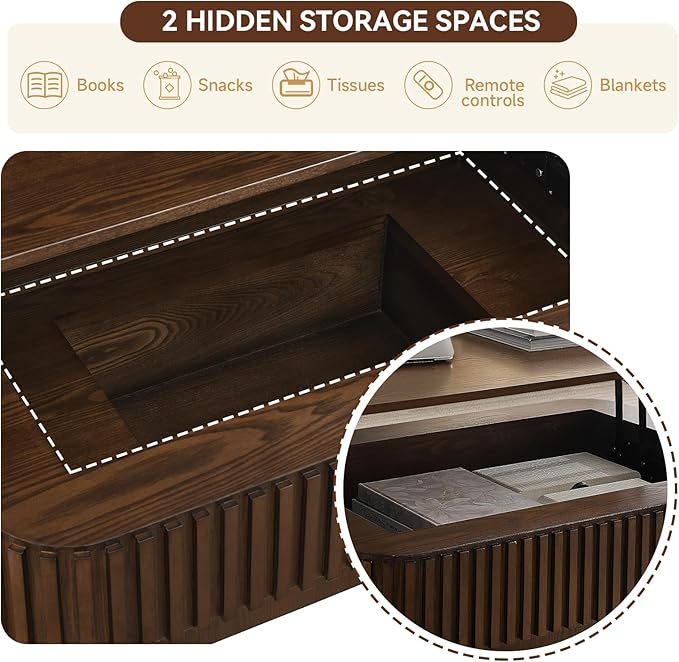 Lift Top Coffee Table for Living Room, Rectangle Handmade Solid Wood Strips