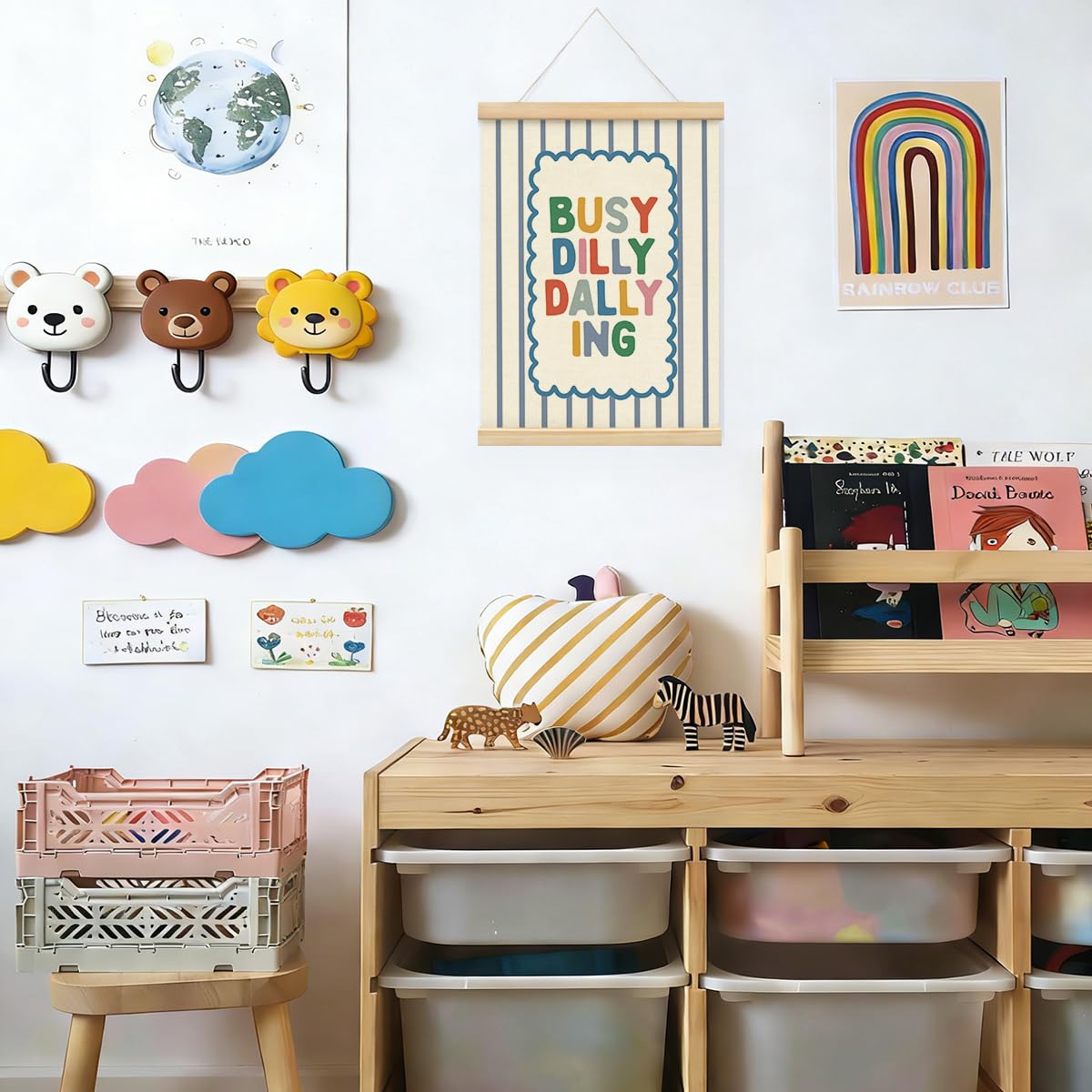 STHTTSW Playroom Wall Decor, Positive Quote Busy Dilly Dallying Art, Boho Classroom Decor, Apartment Nursery Wall Art for Toddler Boys Girls, Kids Room Baby Room Essentials, 12x16 Inches