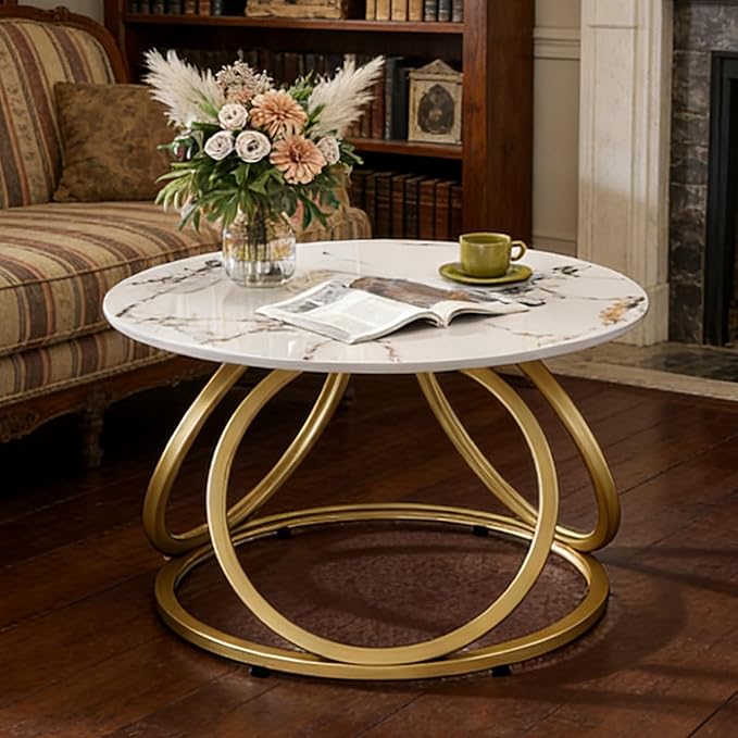 O&K FURNITURE Modern Gold Coffee Table, Faux Marble Pattern Center Table