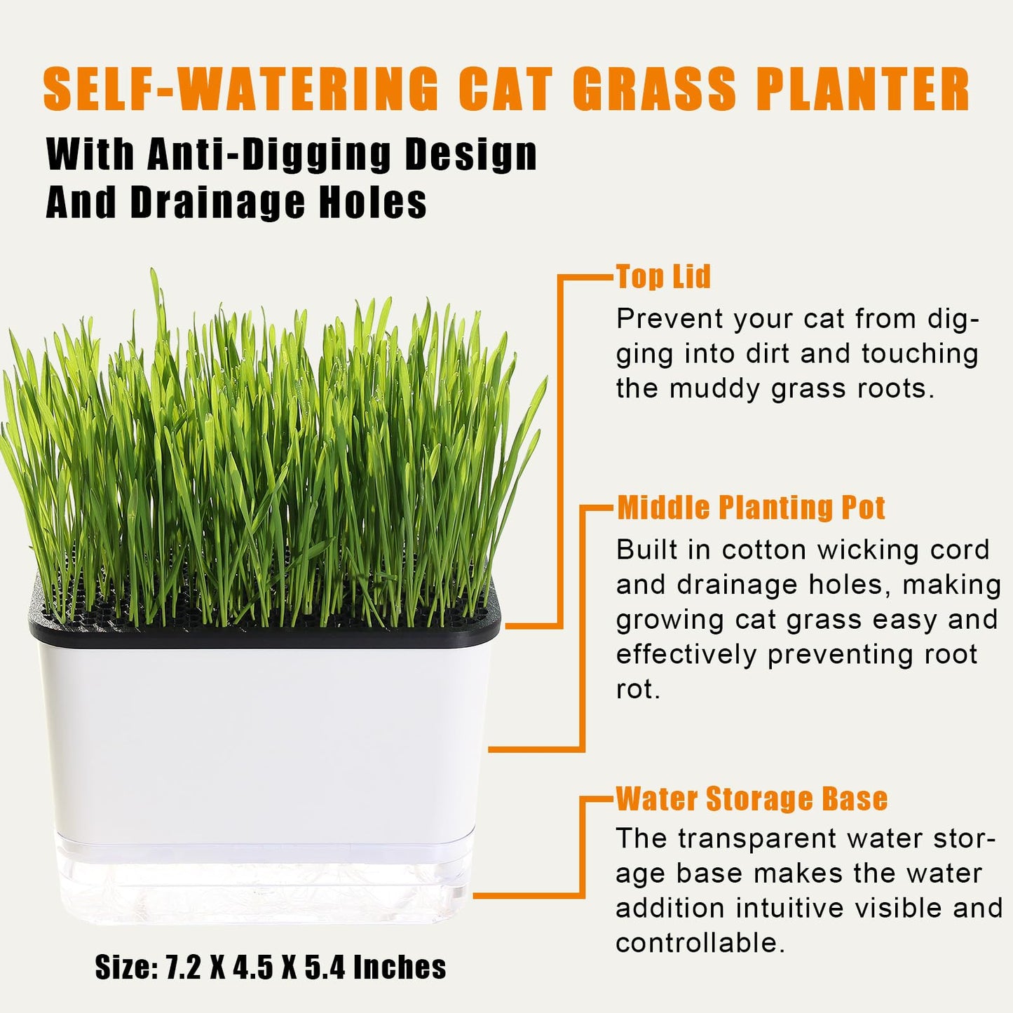 BENPIN Self-Watering Cat Grass Planter (no Seed Included), with Drainage Holes and Anti-Digging Design, Wheat Grass Growing Pot, Cat Grass for Indoor Cats Pets (1)