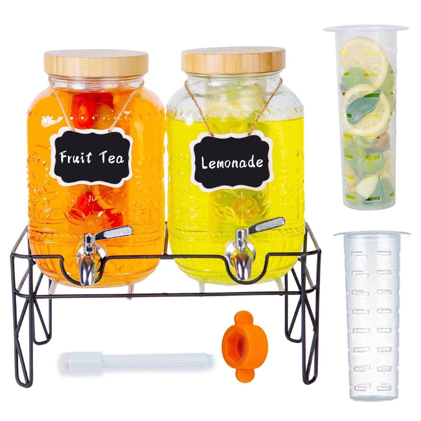 2-Pack1Gallon Glass Drink Dispensers for Parties,Beverage Dispenser with Stainless Steel Leakproof Spigot/Stand/Bamboo Lids/Fruit Infuser/Chalkboard Labels.for Lemonade & Iced Tea,Party Drinks