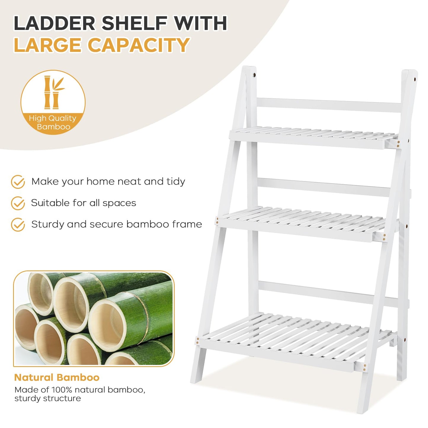 oakvivo Bamboo Bookshelf 3-Tier Ladder Shelf, 39.4” Freestanding Open Bookcase Book Shelf Bathroom Storage Shelf Unit Plant Stand for Small Space, Living Room, Bedroom, Home Office, White