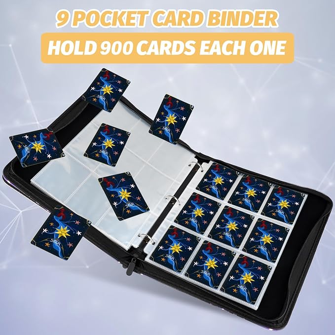900 Pockets Round Ring Trading Card Binder, 9-Pocket Clear Zipper Card Album with Wrist Strap, Holds 900 Standard TCG & Sports Cards, Not Fit Top Loaders (Carbon Black)