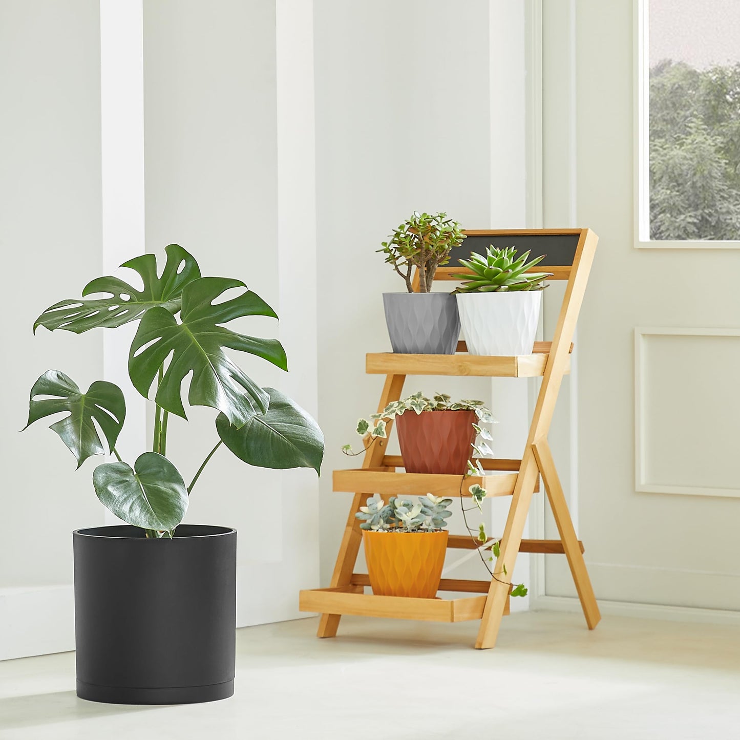 FaithLand 8-Inch Modern Cylinder Planter, Thick-Walled Plastic Plant Pot with Drainage Holes and Detachable Saucer, Matte Black, Ideal for Indoor & Outdoor Plants Flowers