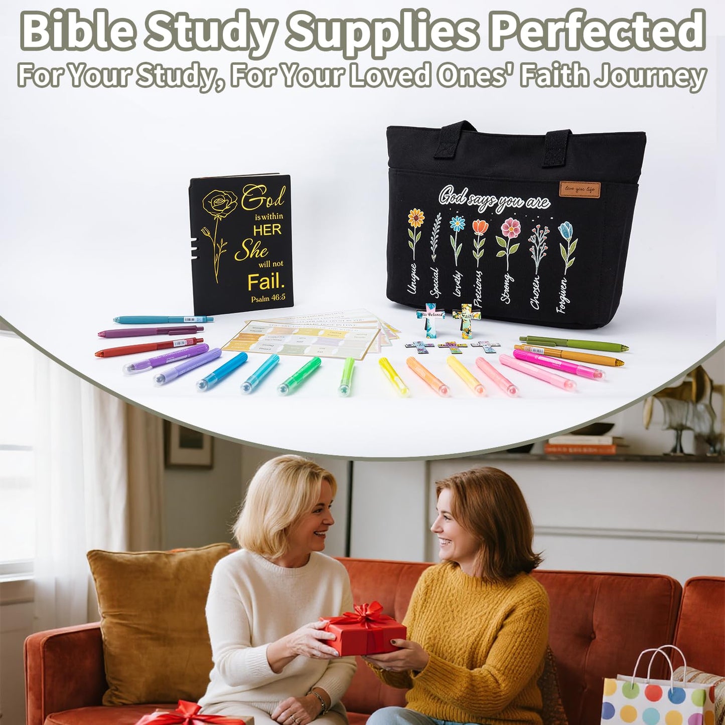 25 PCS Bible Study Supplies Kit, Large Capacity Canvas Tote Bag for Women Organizer, Bible Highlighters and Quick Dry Pens No Bleed Through, Notebook Bible Tabs Cross Bookmark Journaling Accessories