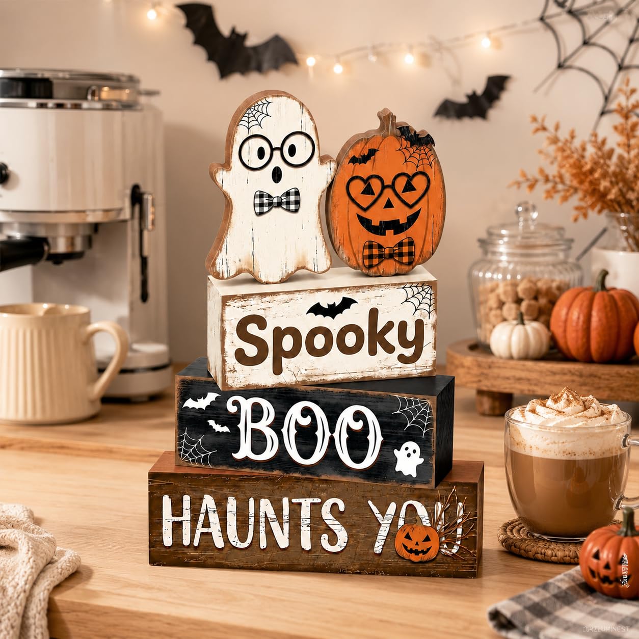 4 Pcs Halloween Decorations, Wooden Ghost and Pumpkin Block Signs Featuring Glasses Design, Farmhouse Cute Halloween Tiered Tray Decor, Spooky Boo Haunts You Table Centerpiece for Home Office Mantel Kitchen Shelf
