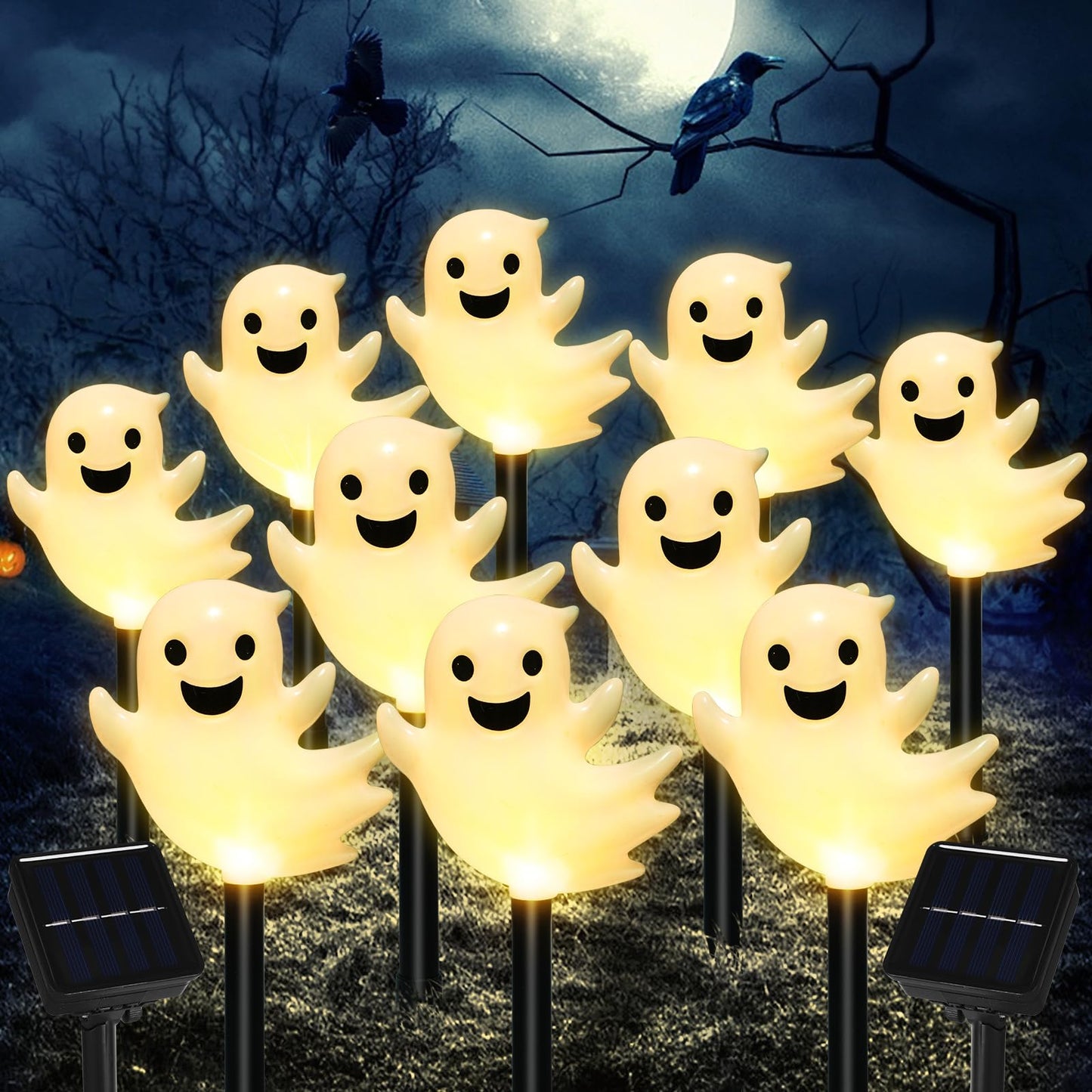 Solar Halloween Ghost Pathway Lights, 10 Pack 3D Lighted Outdoor Stake Decorations, Waterproof LED Yard and Garden Lights for Halloween Pathway, Lawn, Patio, and Holiday Decor (10-Ghosts-Warm)